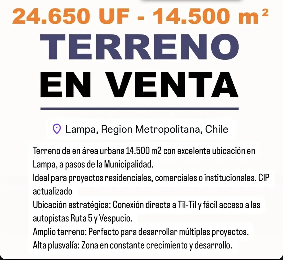 Venta parcela Terreno 14.500m2 - Lampa