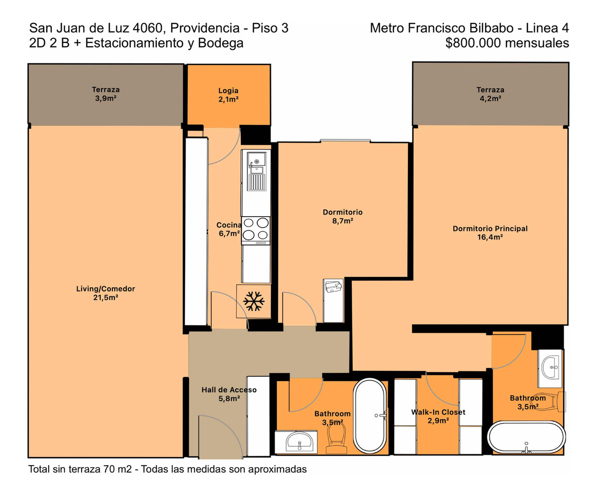 Arriendo Departamento 2D 2B 1E 1B Metro Bilbao - Providencia